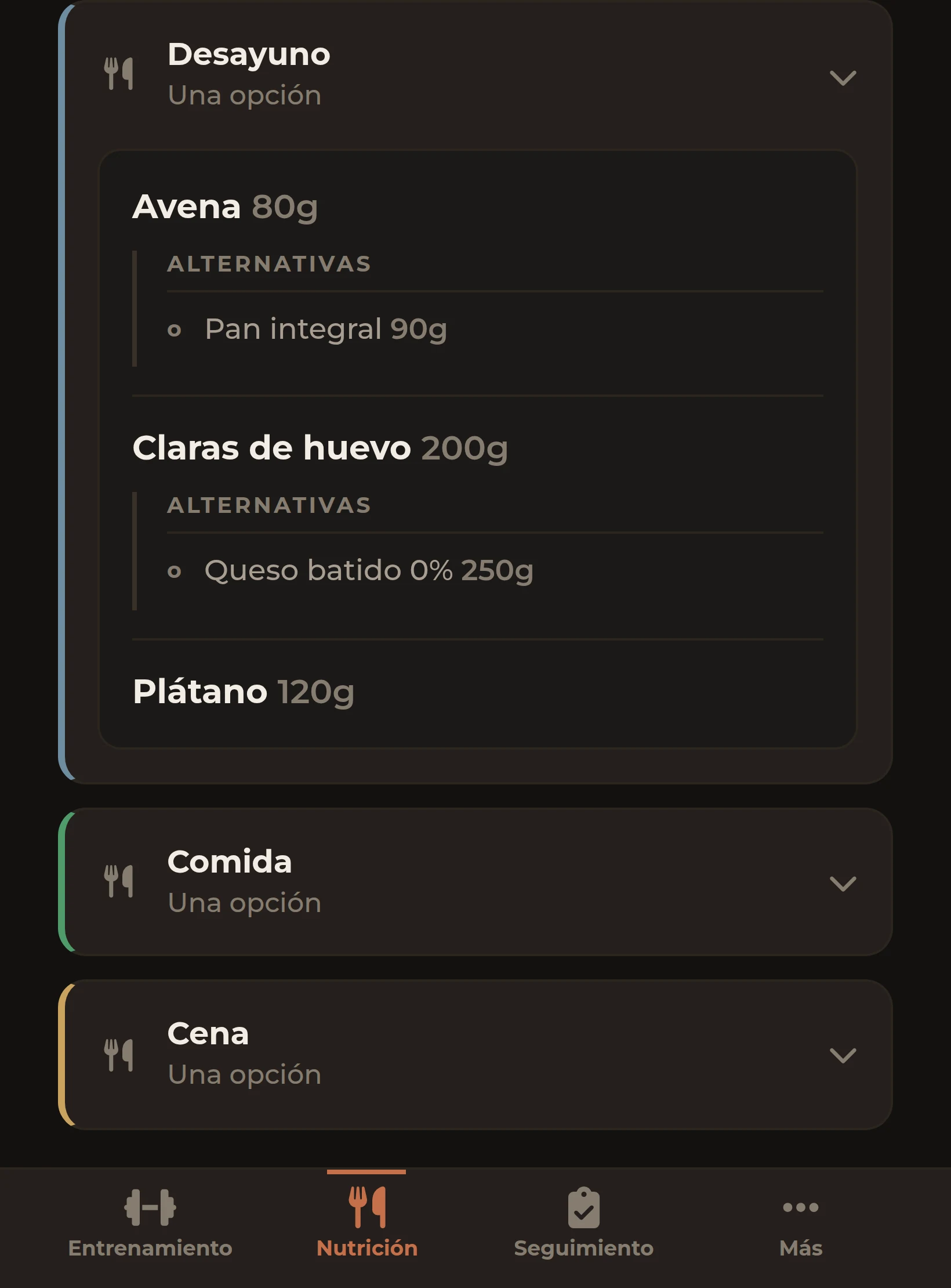 Dieta del día con alternativas por alimento en la app de atleta
