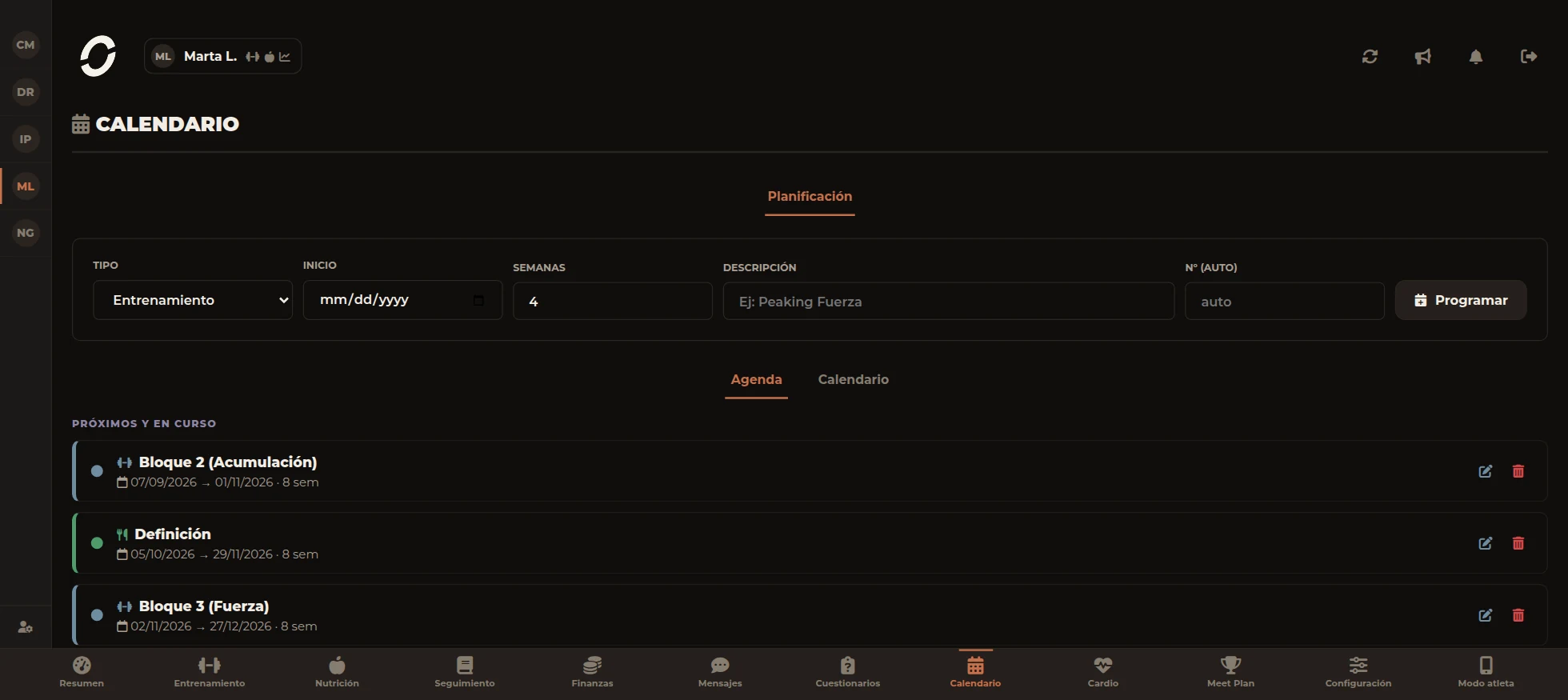 Calendario de planificación de Orma con los bloques programados