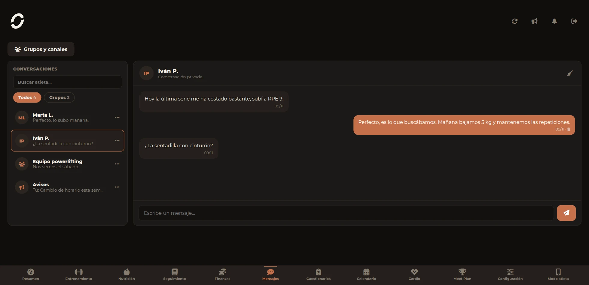 Mensajería de Orma con conversaciones privadas, grupos y canales