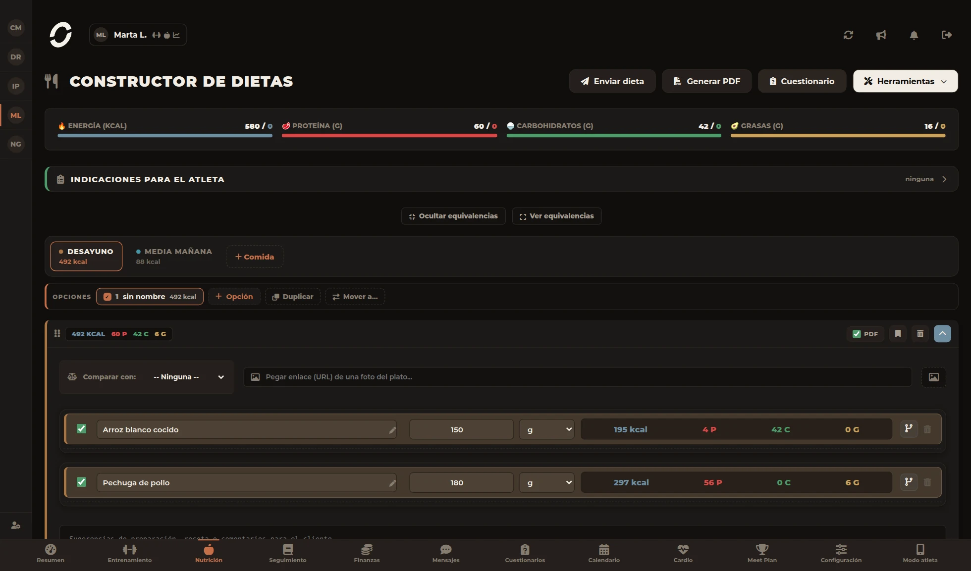 Constructor de dietas de Orma con macros en vivo y alternativas por alimento