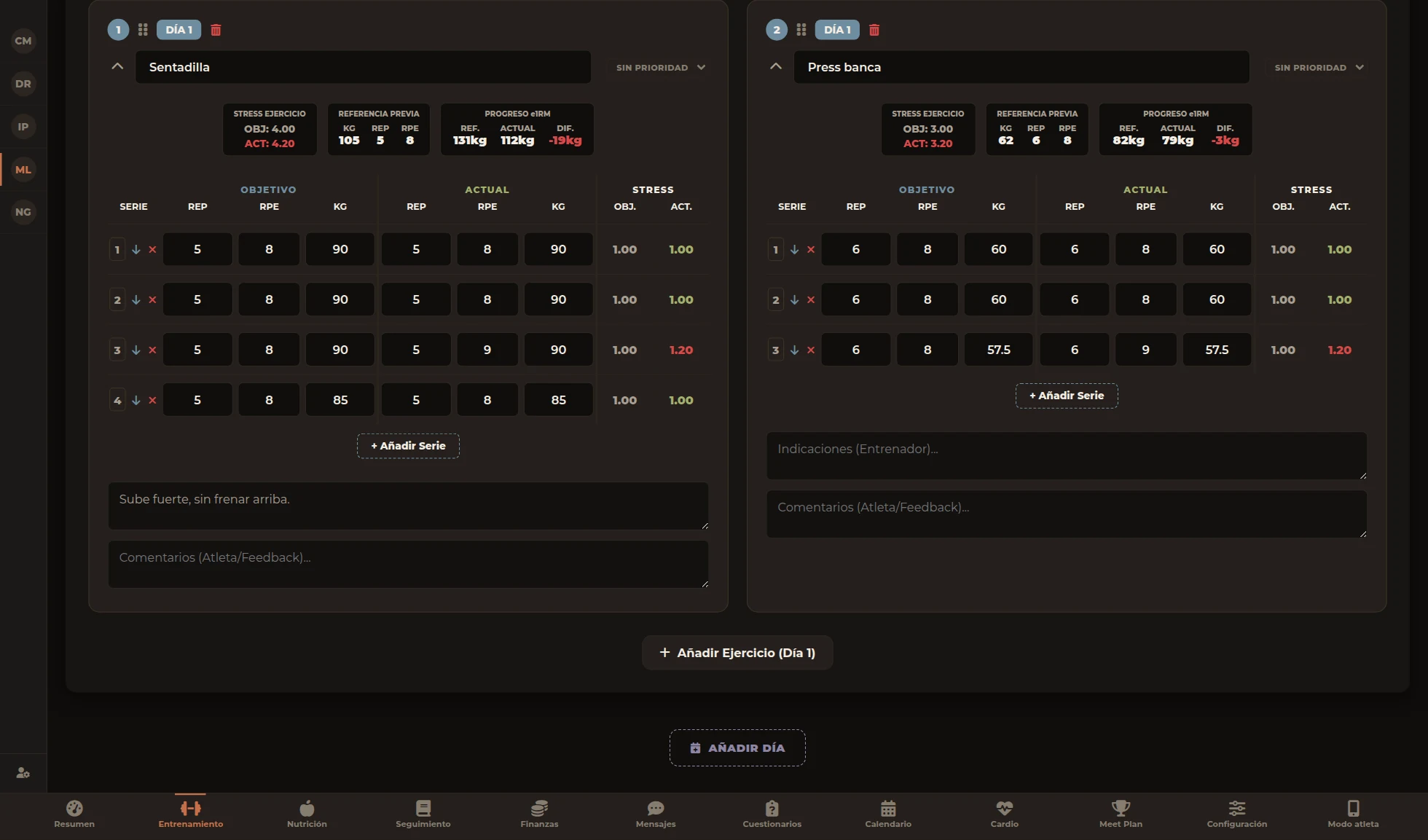 Planificador de entrenamiento de Orma con series, RPE y cálculo de e1RM